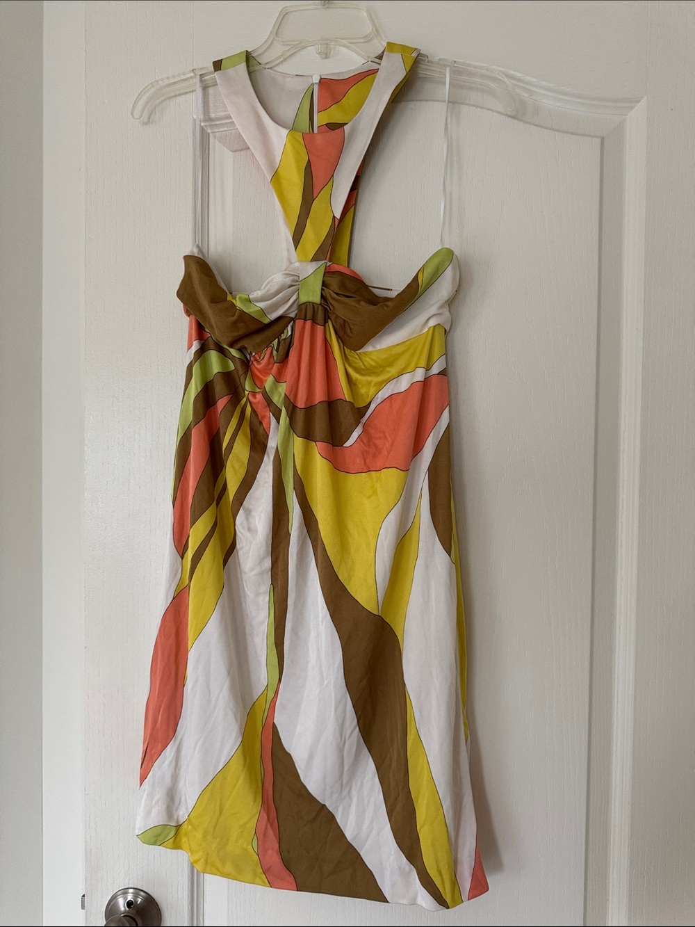 Trina Turk Multicolor Abstract Halter Dress - White, Yellow, Olive, Coral, Brown